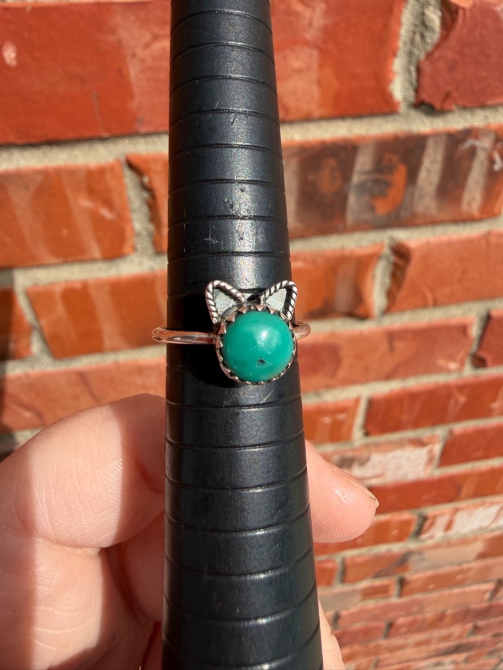 Silver Cat Ear Ring with Turquoise Green Stone